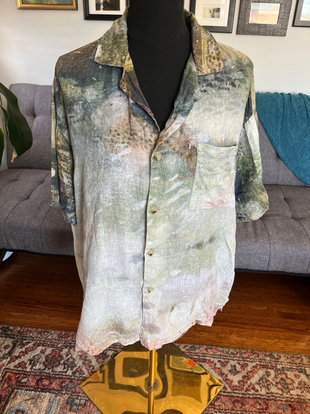 CORD India Muted Green and Beige Short Sleeve Button Shirt size S